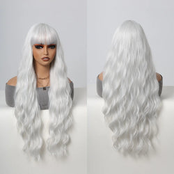 Super Long Curly Silver Synthetic Wig with Fluffy Bangs White Water Wave Hair Wigs for Women Daily Use Cosplay Colored Hair Wig
