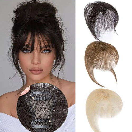 S-noilite 2.4"x3.15" Fringe Air Bang 100% Human Hair Topper Natural Hairline for Women Clip In Hairpieces 10g Light Bangs 10"