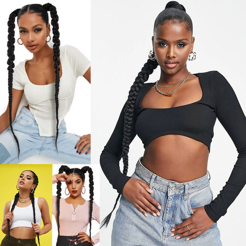 Long Braiding Synthetic Hair Extensions 2 Pieces Set Twisted Ponytail Extension with Rubber Bands Double Fishtail Braided