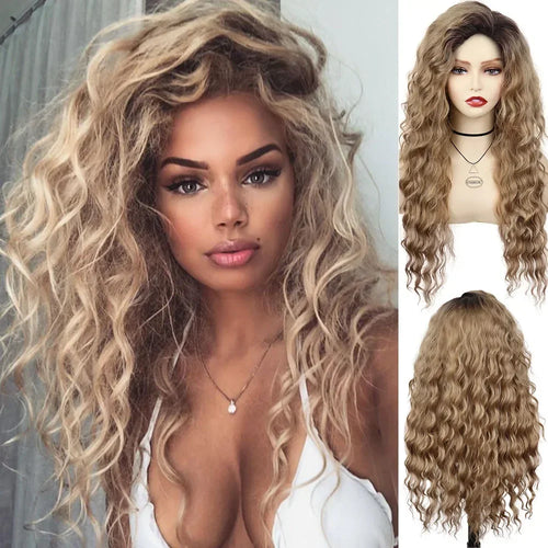 Womens Wig Long Synthetic Hair Ombre Blonde Curly Wigs Female Natural Wavy Drag Queen Regular Wig 80s Gradient Wigs for Student