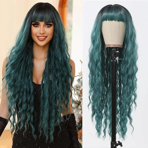 Super Long Curly Silver Synthetic Wig with Fluffy Bangs White Water Wave Hair Wigs for Women Daily Use Cosplay Colored Hair Wig