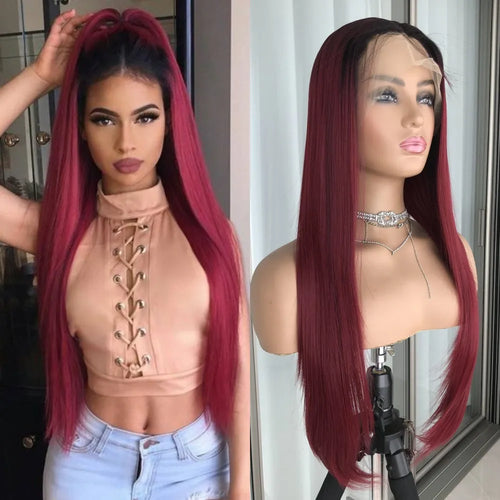 Platinum Ash Blonde Long Straight Lace Front Wig with Brown Roots Pre Plucked Heat Resistant Synthetic Lace Wigs Daily Use