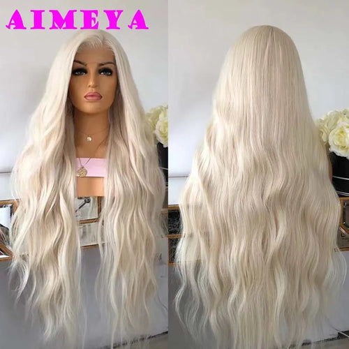 AIMEYA Platinum Blonde Lace Front Wigs for Women Long Natural Wave Synthetic Hair  Heat Resistant Fiber Hair Free Part