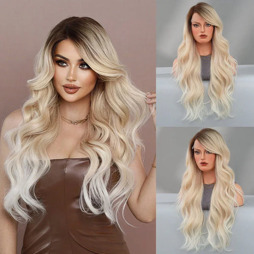 HD Transparent Lace Front Wig Blue Ombre Purple Body Wavy Wigs with Bangs High Density Synthetic Lace Frontal Side Part Wigs