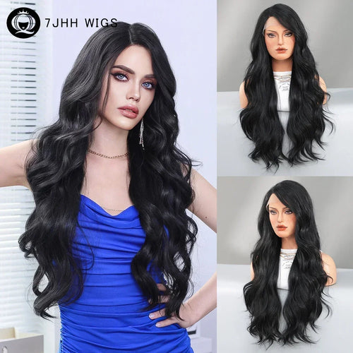 HD Transparent Lace Front Wig Blue Ombre Purple Body Wavy Wigs with Bangs High Density Synthetic Lace Frontal Side Part Wigs