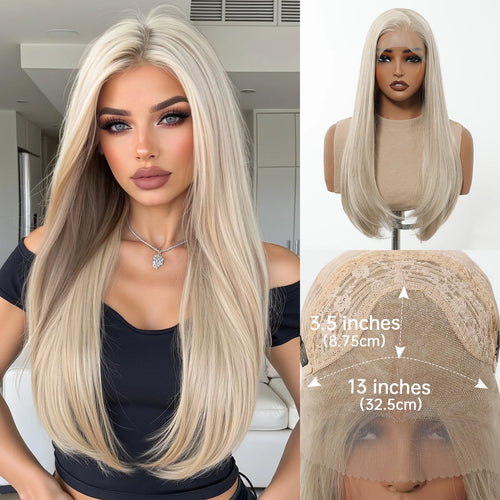13*4 Synthetic Lace Front Wigs Ombre Blonde Highlight Wig Long Silk Straight Hair for Women Natural Looking Daily Heat Resistant