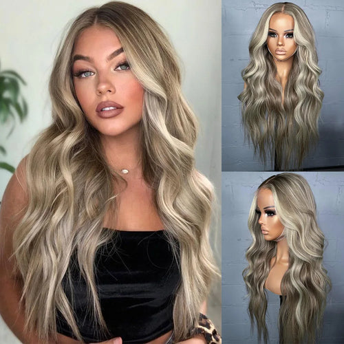 26 Inch Highlight Blonde Lace Front Wigs Wave Ash Blonde Colored Synthetic Hair Wig for Women 13x3 Heat Resistant Wig