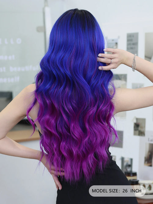 HD Transparent Lace Front Wig Blue Ombre Purple Body Wavy Wigs with Bangs High Density Synthetic Lace Frontal Side Part Wigs