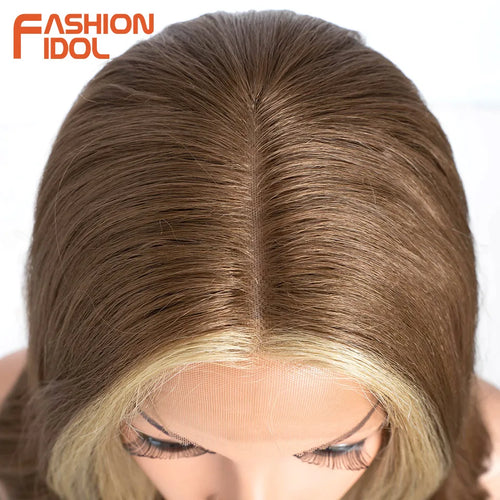 FASHION IDOL 26 inch Body Wave T Part Lace Wigs For Women Dyed Wigs Synthetic With Baby Hair Wigs Ombre Brown Daily Wigs Cosplay