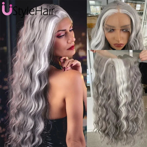 Silver Wig with White Highlights Synthetic Long Deep Wave Lace Front Wig Natural Looking Daily Use Cosplay Light Grey Lace Wigs