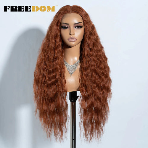 FREEDOM Curly Synthetic Lace Front Wigs For Women 30 inches Soft Wavy Ombre Blonde Ginger Highlight Cosplay Wigs Heat Resistant