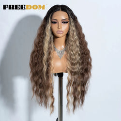 FREEDOM Curly Synthetic Lace Front Wigs For Women 30 inches Soft Wavy Ombre Blonde Ginger Highlight Cosplay Wigs Heat Resistant