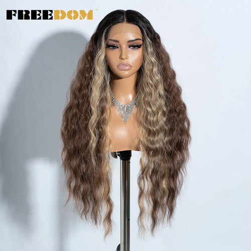 FREEDOM Curly Synthetic Lace Front Wigs For Women 30 inches Soft Wavy Ombre Blonde Ginger Highlight Cosplay Wigs Heat Resistant