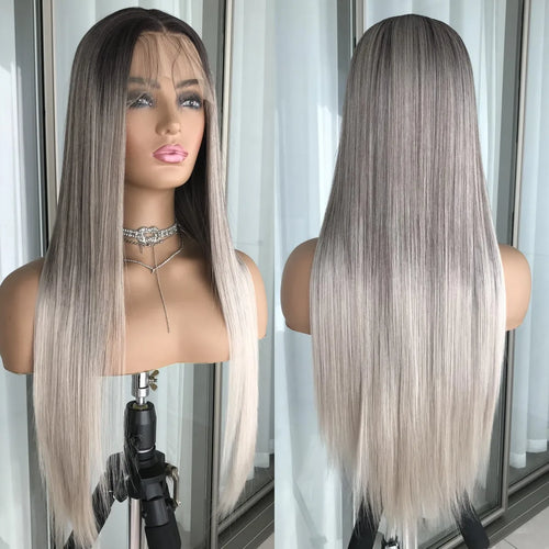 Platinum Ash Blonde Long Straight Lace Front Wig with Brown Roots Pre Plucked Heat Resistant Synthetic Lace Wigs Daily Use