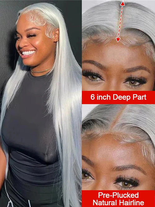 30 40 Inches Straight Human Hair Wigs 13x6 HD Lace Frontal Wigs 250% Density Silver Grey Colored 13x4 Lace Front Human Hair Wigs