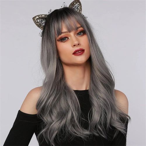 Long Wavy Silver Ash Ombre Cosplay Synthetic Wigs Natural Curly Gray Black Hair Wig with Bangs for Women Afro Heat Resistant