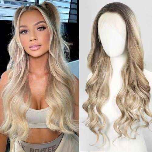 13x4 Lace Front Wavy Blonde Highlight Synthetic Wigs Dark Root Brown Colored Ash Blonde Wig For Women Daily Use 150% Pre Plucked
