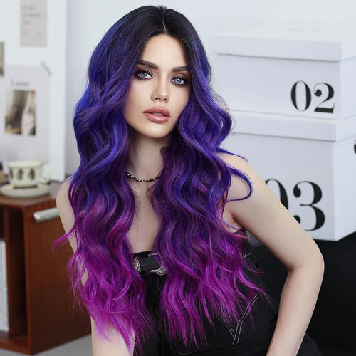 HD Transparent Lace Front Wig Blue Ombre Purple Body Wavy Wigs with Bangs High Density Synthetic Lace Frontal Side Part Wigs