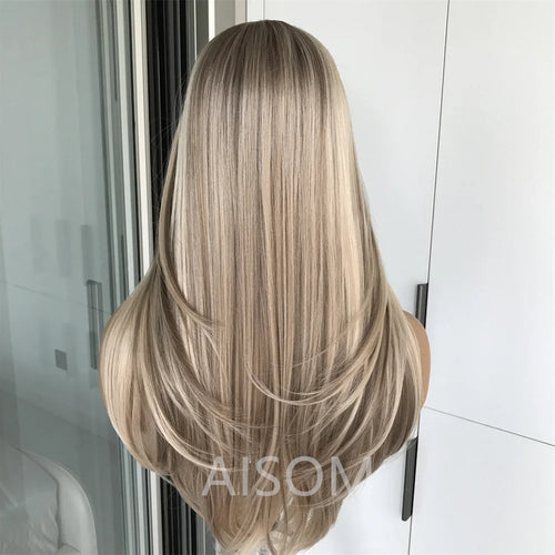 13x4 Lace Front Wig Highlight Brown Layered Straight Synthetic Lace Wigs for Women Blonde mix Brown Colored Wig Pre Plucked