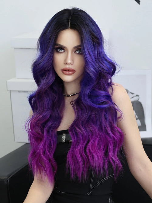 HD Transparent Lace Front Wig Blue Ombre Purple Body Wavy Wigs with Bangs High Density Synthetic Lace Frontal Side Part Wigs