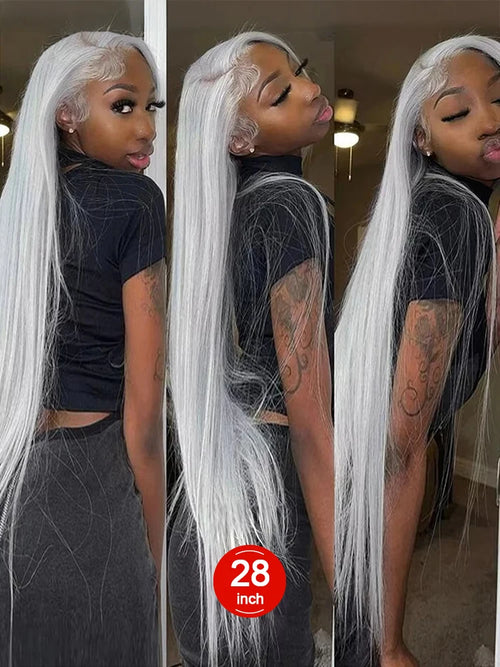 30 40 Inches Straight Human Hair Wigs 13x6 HD Lace Frontal Wigs 250% Density Silver Grey Colored 13x4 Lace Front Human Hair Wigs