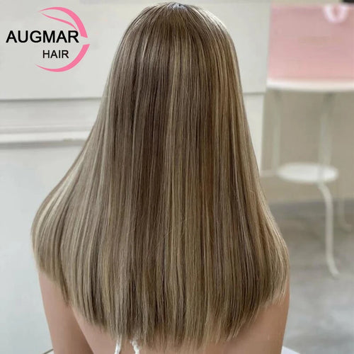 Silk Top Ash Blonde Highlight Human Hair Wig 13x4 Short Straight Lace Front Wigs Human Hair Transparent Silk Base Lace Front Wig