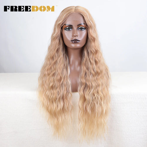 FREEDOM Curly Synthetic Lace Front Wigs For Women 30 inches Soft Wavy Ombre Blonde Ginger Highlight Cosplay Wigs Heat Resistant
