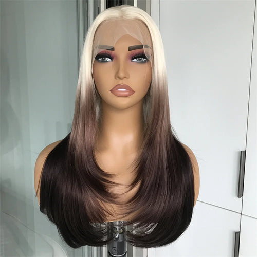 13x4 Lace Front Wig Highlight Brown Layered Straight Synthetic Lace Wigs for Women Blonde mix Brown Colored Wig Pre Plucked