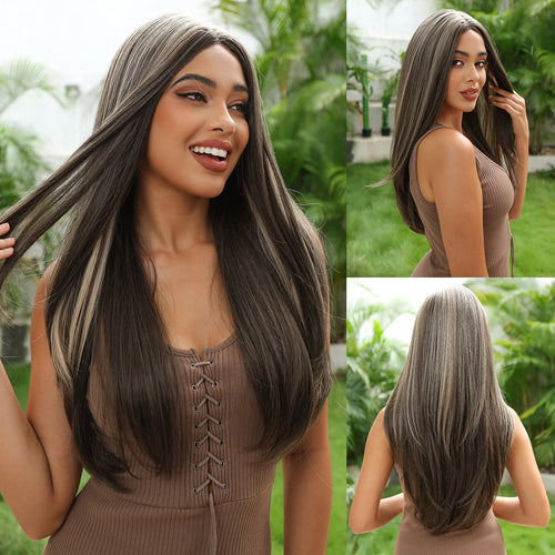 Long Straight Hairline Lace Front Synthetic Wig For Black Women Brown Mixed White Natural Middle Part Wig For Daily Cosplay