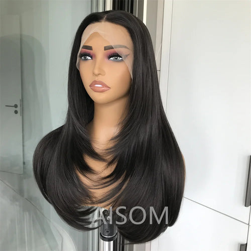 13x4 Lace Front Wig Highlight Brown Layered Straight Synthetic Lace Wigs for Women Blonde mix Brown Colored Wig Pre Plucked