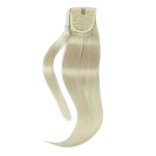 Blonde Ponytail Human Hair Natural Real Hair Extensions Wrap Around Clip on Ponytails Thick Ends Platinum Blonde 24inch 140G