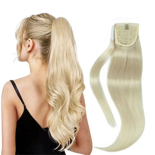Blonde Ponytail Human Hair Natural Real Hair Extensions Wrap Around Clip on Ponytails Thick Ends Platinum Blonde 24inch 140G