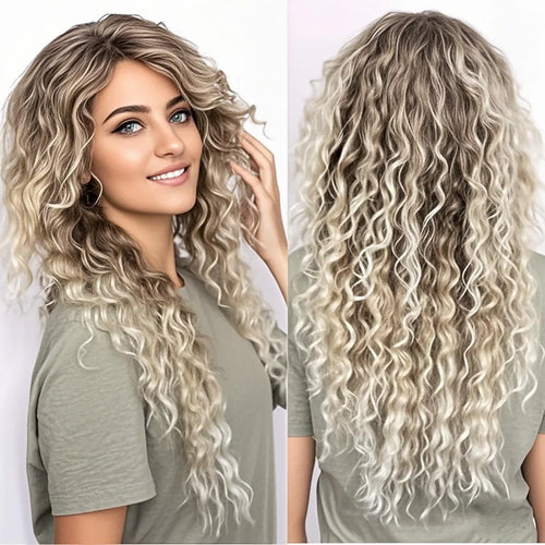 Womens Wig Long Synthetic Hair Ombre Blonde Curly Wigs Female Natural Wavy Drag Queen Regular Wig 80s Gradient Wigs for Student