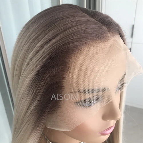 Ombre Blonde Straight Lace Front Wig Synthetic Lace Wigs Platinum Blonde with Brown Root Preplucked Baby Hair 150 Density Wig