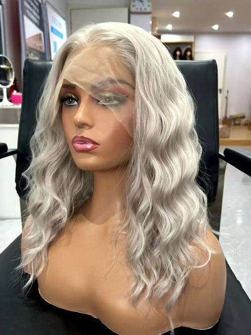 Silver Blonde Wig Short Curly Wavy Bob Grey Wig Synthetic Hair Free Part Loose Curly Light Gray 13X4 Lace Front Wigs for Women