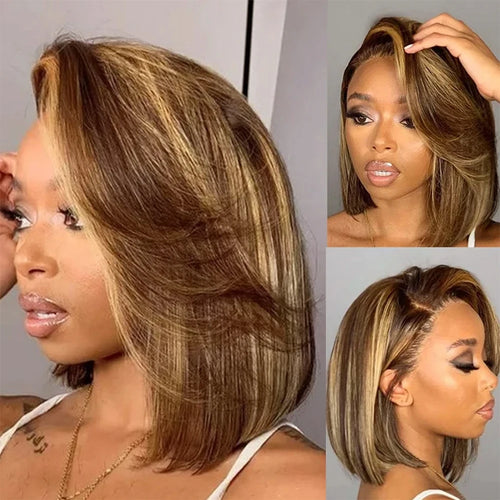 Highlight Wear Go Glueless Human Hair Straight Short Bob Wig P4/27 Colored 7x5 13x4 HD Lace Frontal Glueless Wigs Ready to Wear