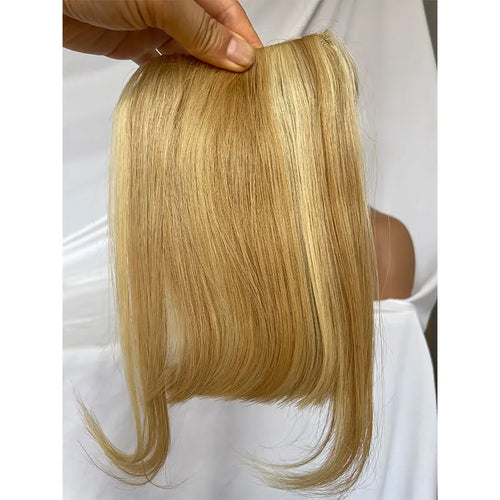 27P613 Blonde Mixed Brown Color Brazilian Human Hair Clip-in Hair Bangs Full Fringe Short Straight Hair Extension for women 6-8"