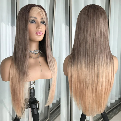 Platinum Ash Blonde Long Straight Lace Front Wig with Brown Roots Pre Plucked Heat Resistant Synthetic Lace Wigs Daily Use