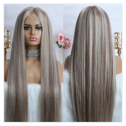 13x6 HD Lace Frontal Wig Gray Ash Blonde Wig Highlight Wig Human Hair European Raw Straight Preplucked Wigs For Women Stripe Wig