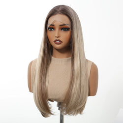 13*4 Synthetic Lace Front Wigs Ombre Blonde Highlight Wig Long Silk Straight Hair for Women Natural Looking Daily Heat Resistant