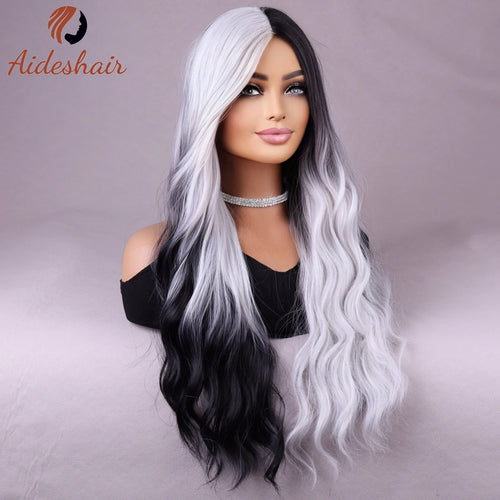 Synthetic wig  european and American fake hair network celebrity women's double black and white long roll corn hot in the water