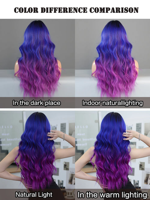 HD Transparent Lace Front Wig Blue Ombre Purple Body Wavy Wigs with Bangs High Density Synthetic Lace Frontal Side Part Wigs