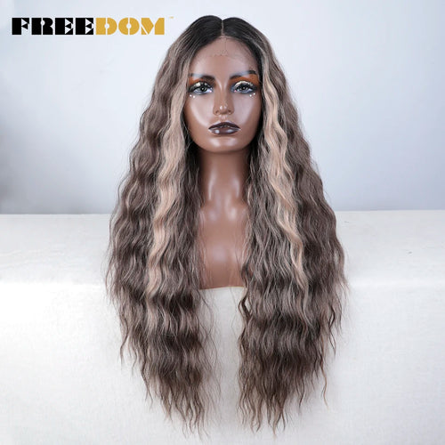 FREEDOM Curly Synthetic Lace Front Wigs For Women 30 inches Soft Wavy Ombre Blonde Ginger Highlight Cosplay Wigs Heat Resistant