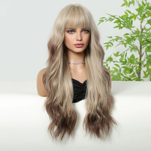 Blonde Brown Synthetic Wig With Bangs Long Curly Wigs For Women Ombre Blonde Wigs Dark Roots Heat Resistant Wigs For Daily Party