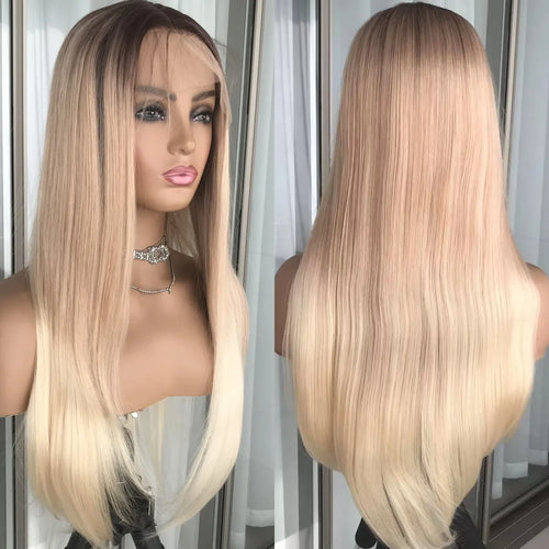 Platinum Ash Blonde Long Straight Lace Front Wig with Brown Roots Pre Plucked Heat Resistant Synthetic Lace Wigs Daily Use