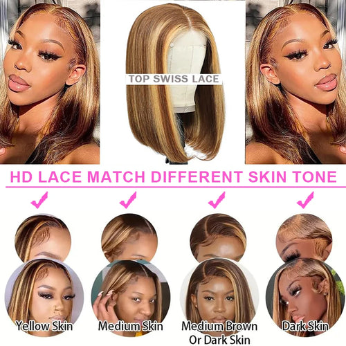 Highlight Wear Go Glueless Human Hair Straight Short Bob Wig P4/27 Colored 7x5 13x4 HD Lace Frontal Glueless Wigs Ready to Wear