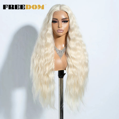 FREEDOM Curly Synthetic Lace Front Wigs For Women 30 inches Soft Wavy Ombre Blonde Ginger Highlight Cosplay Wigs Heat Resistant