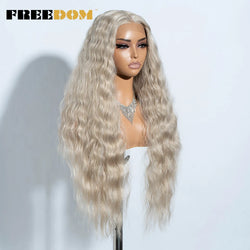 FREEDOM Curly Synthetic Lace Front Wigs For Women 30 inches Soft Wavy Ombre Blonde Ginger Highlight Cosplay Wigs Heat Resistant
