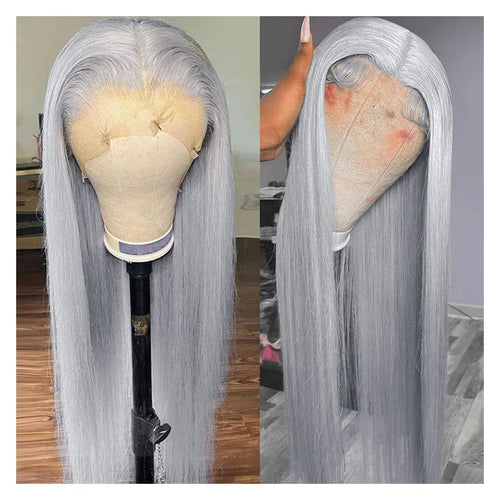 30 40 Inches Straight Human Hair Wigs 13x6 HD Lace Frontal Wigs 250% Density Silver Grey Colored 13x4 Lace Front Human Hair Wigs