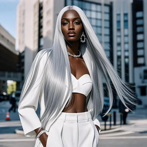 30 40 Inches Straight Human Hair Wigs 13x6 HD Lace Frontal Wigs 250% Density Silver Grey Colored 13x4 Lace Front Human Hair Wigs